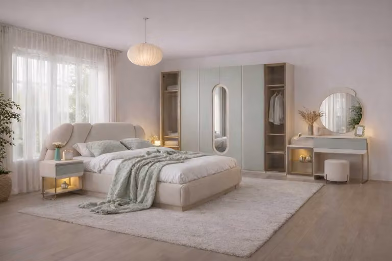 Letto, comodino, armadio, toletta, sgabello; stile moderno; colore beige