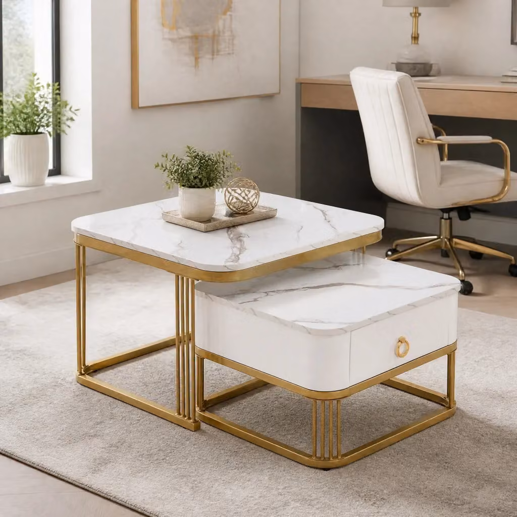 Set di 2 tavolini da salotto moderni REDOM bianchi e oro in MDF e metallo, L/P/H: 60 x 60 x 45 cm e 50 x 50 x 34 cm – 2