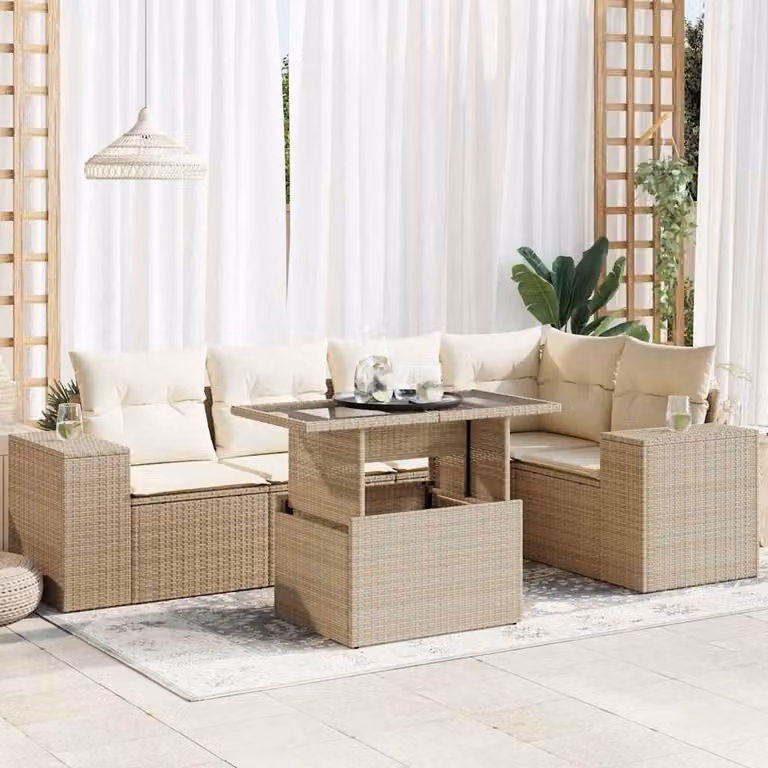 Set Divano da Giardino vidaXL 6 pz a Forma a L con Tavolino in Vetro e Cuscini Beige e Bianchi