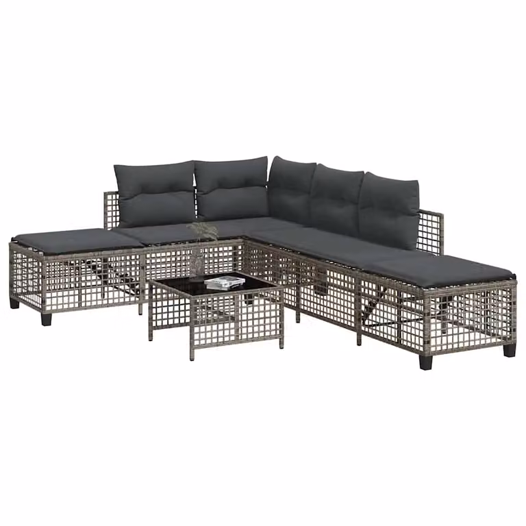 Set da giardino ad angolo vidaXL composto da divano a 3 posti, elemento angolare e tavolino da caffè, colore grigio con cuscini inclusi e struttura in metallo e rattan