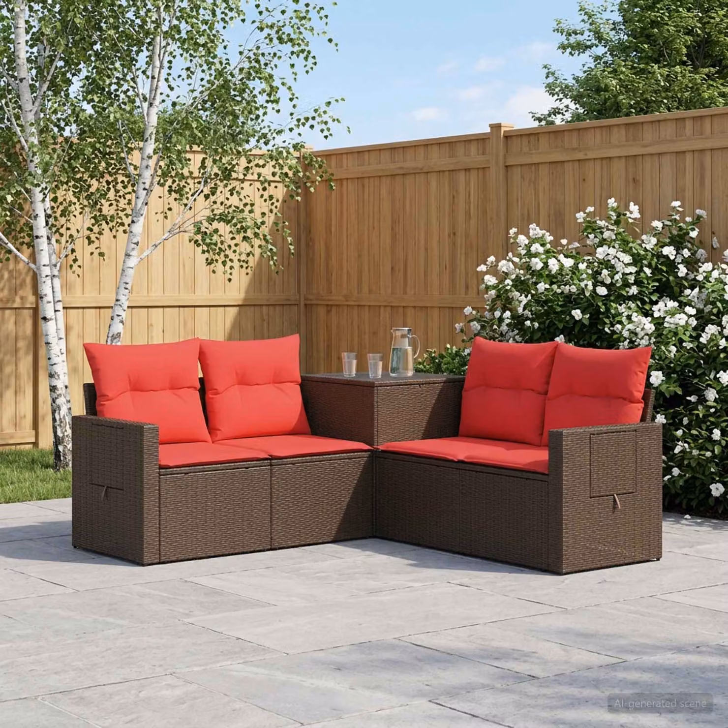 Set di divani da giardino vidaXL in rattan sintetico e metallo, 5 pezzi, marrone e rosso con cuscini inclusi