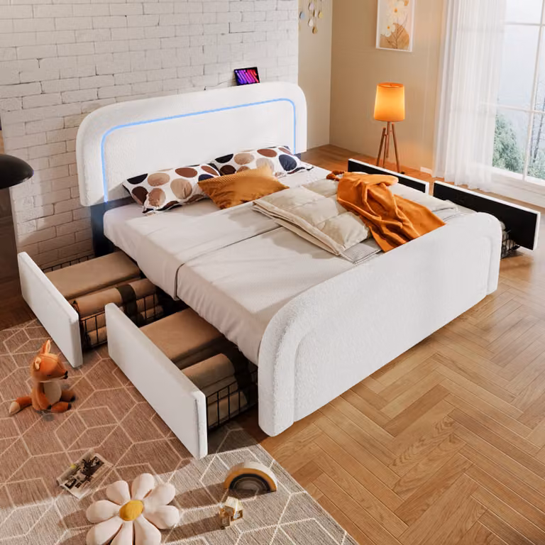 okwish Letto matrimoniale imbottito 140 x 200 cm con caricatore USB e illuminazione a LED, letto funzionale con 4 cassetti e testata regolabile in altezza (senza materasso) - bianco