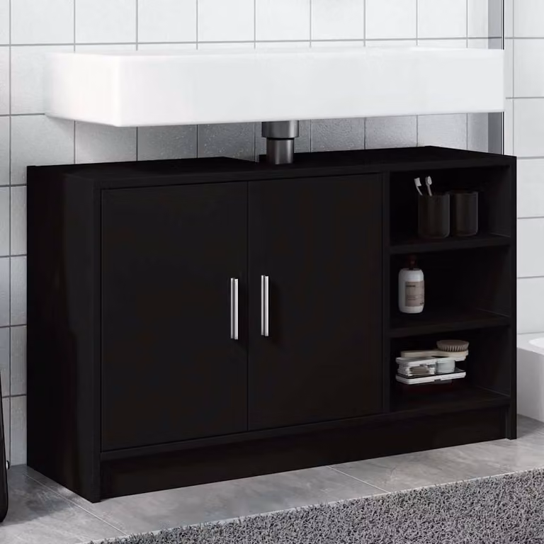 Mobile Lavabo Moderno vidaXL Nero con Ripiano Aperto e Ante a Battente, L 90 x P 29 x H 55 cm