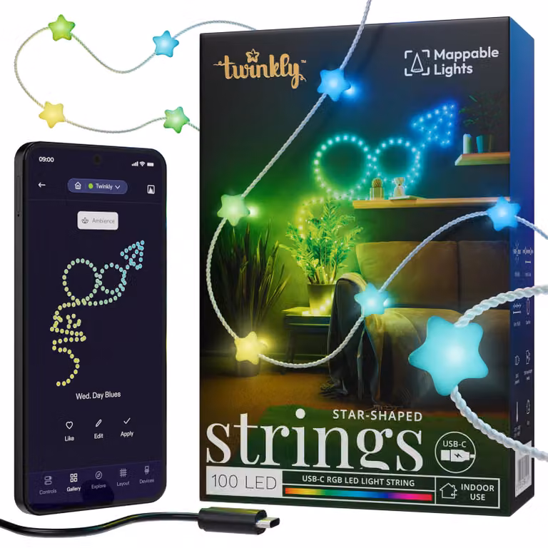 Catena luminosa a LED a forma di stella, 100 LED RGB, connettore USB-C, lunghezza 6 metri, trasparente