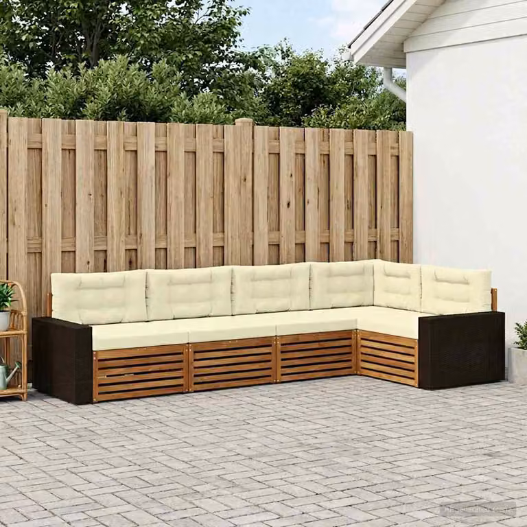 Set di divani da esterno vidaXL a forma di L con cuscini, struttura in legno di acacia e tessuto in poliestere resistente ai raggi UV, colori beige, bianco e marrone
