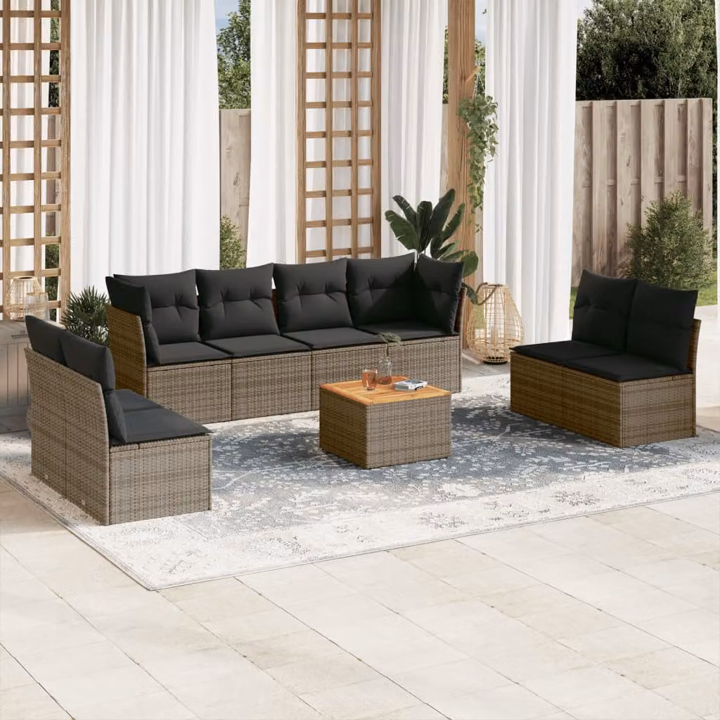 vidaXL Set Divano da Giardino 9 pz in Polyrattan con Cuscini e Tavolino da Caffè, Design Moderno a L, Grigio e Marrone – 1