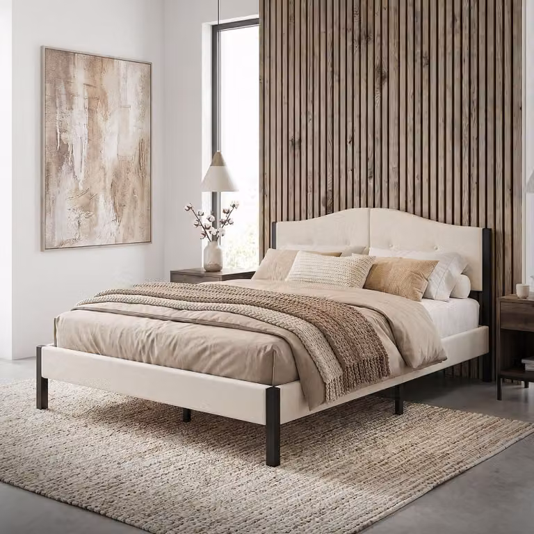 Letto imbottito ML-Design 140x200 cm, beige, letto matrimoniale con solida struttura, testiera, rete a doghe e rivestimento in lino. Letto moderno per ragazzi.