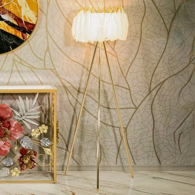 Lampada da terra Millefleur DMORA, design moderno in bianco e oro, L 46 cm x P 46 cm x H 147 cm