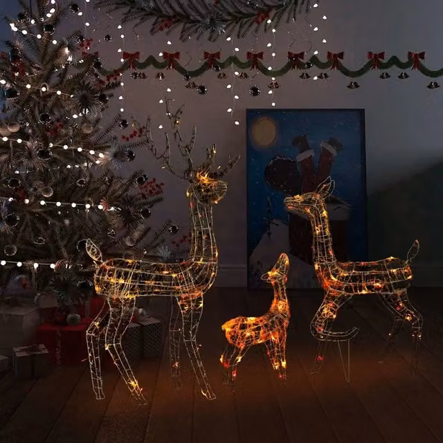 Famiglia di Renne di Natale vidaXL con 300 LED multicolore in acrilico trasparente