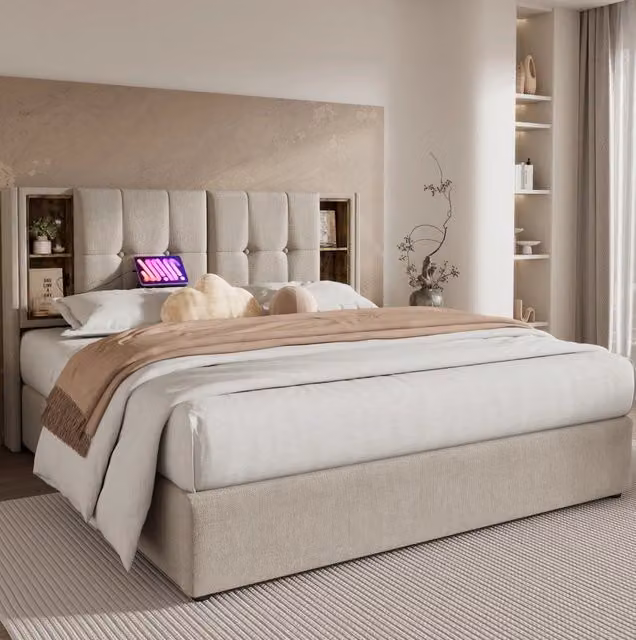 Letto contenitore 140x200 cm con ricarica wireless; USB e USB-C; in lino naturale con materasso