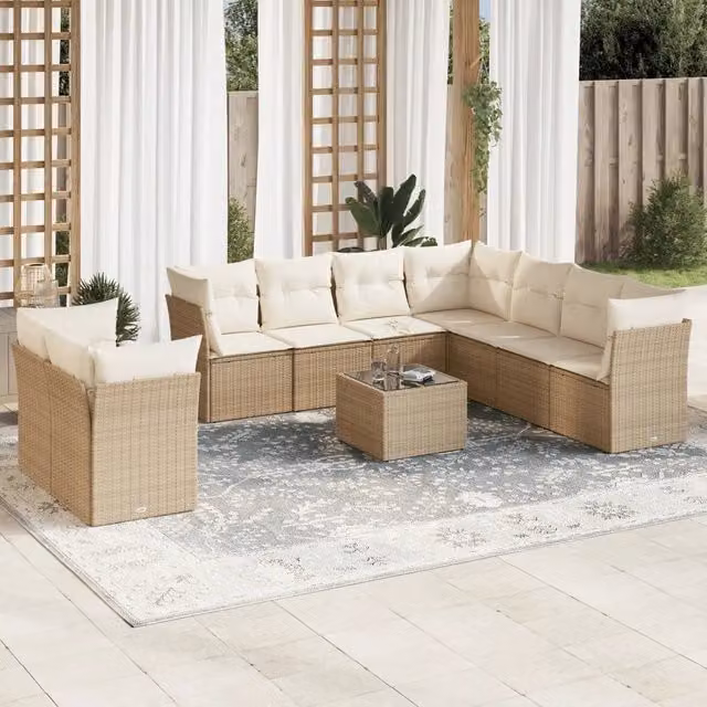 Set Divano da Giardino VIDAXL a Forma a U in Polyrattan con Cuscini Beige, 10 Pezzi