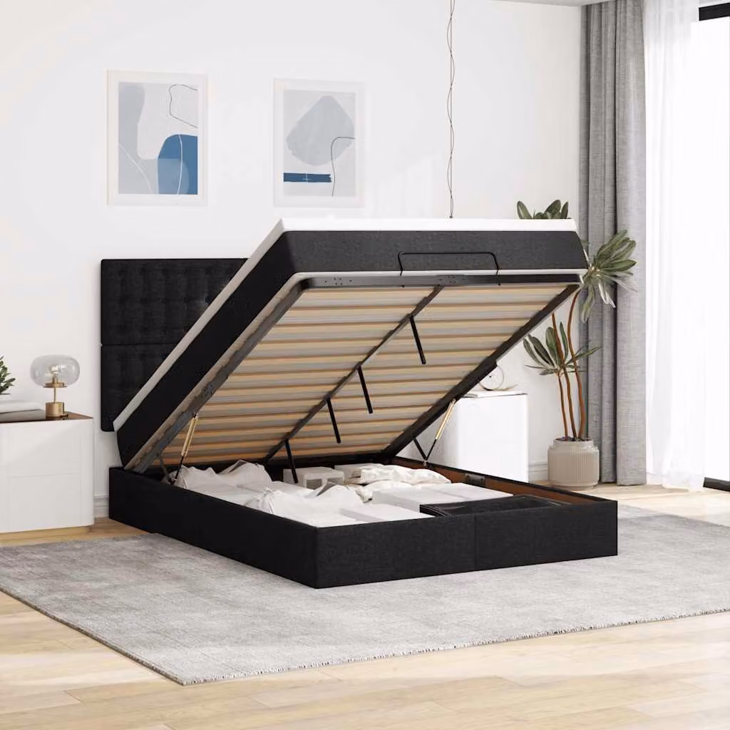 vidaXL Struttura Letto con Contenitore e Materasso in Tessuto Nero L: 200 cm, P: 140 cm, H: 28 cm