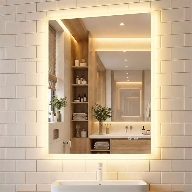 Specchio da bagno DESIGN IN rettangolare con LED, funzione anti-appannamento, dimmerabile e 3 colori, in vetro temperato, L: 80 cm, H: 60 cm, P: 3 cm