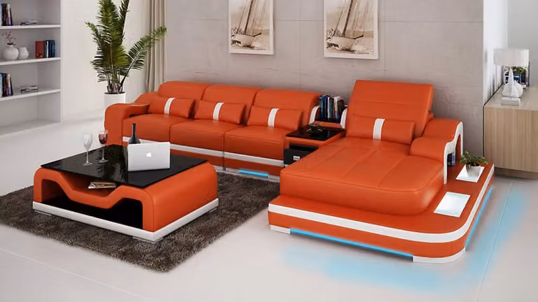 Ledersofa mit USB Couch Wohnlandschaft Ecksofa Eck Sofa Garnitur Design Modern