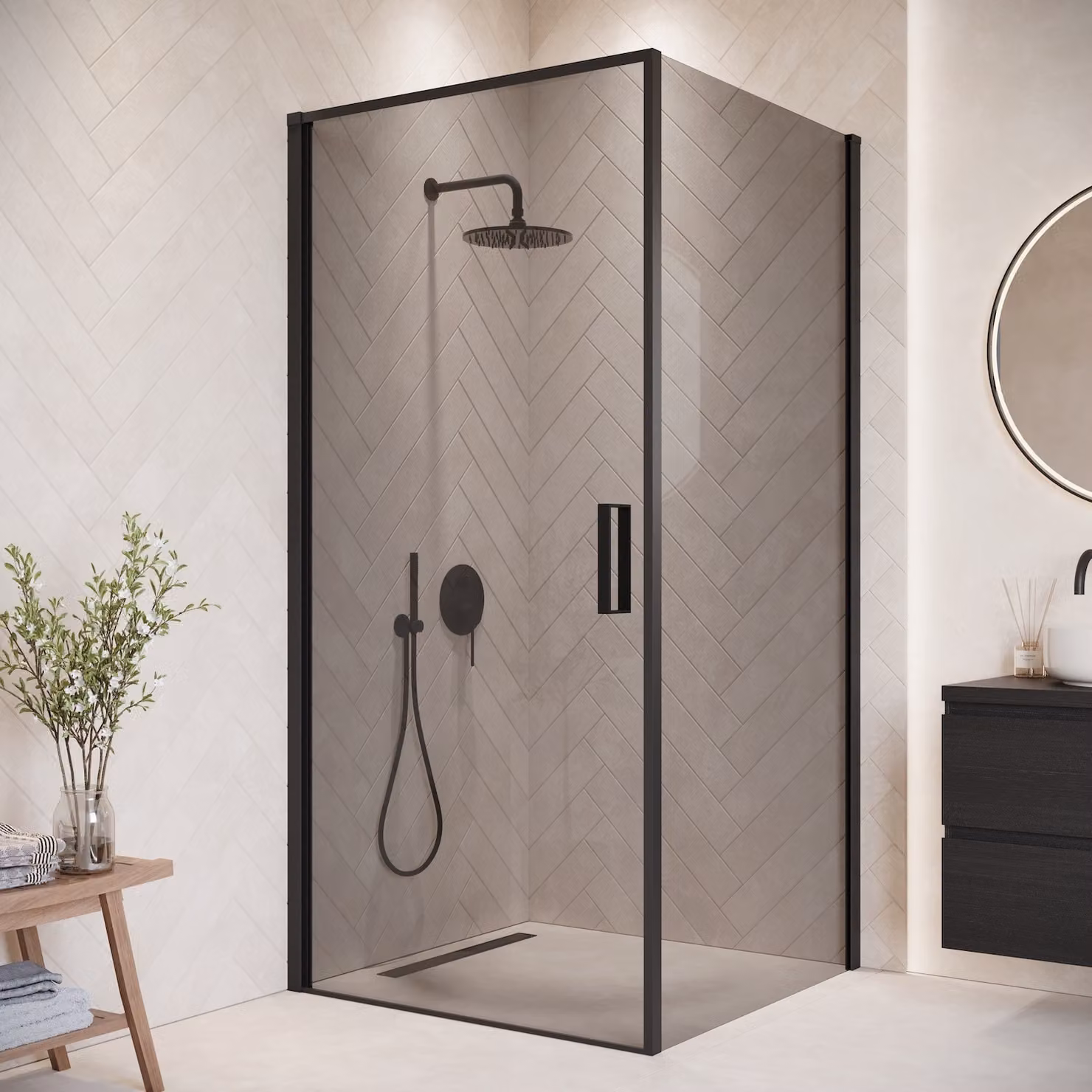 Badplaats Cabina Doccia Alava 90 x 90 x 190 cm - Nero con Vetro Fumé - Parete con Porta Battente