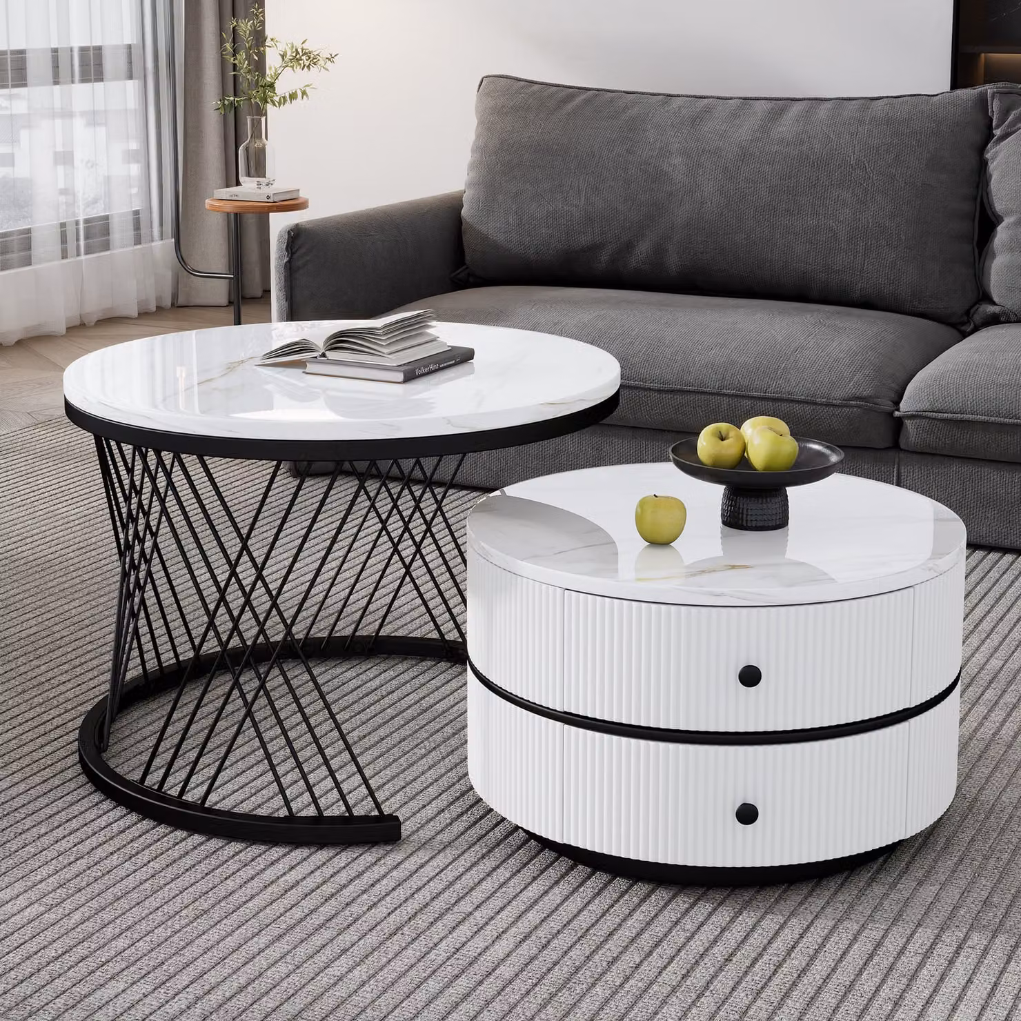 okwish Set di 2 pezzi, tavolino con 2 cassetti per camera da letto o balcone, tavolini da salotto con aspetto in marmo, Nero