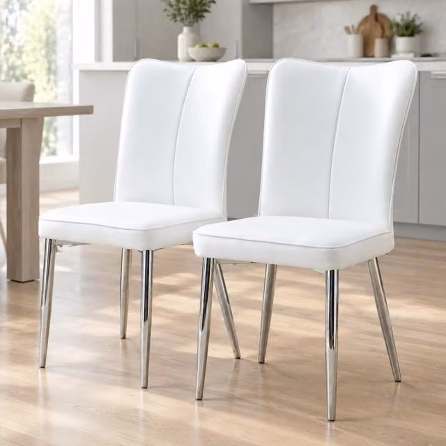 Set di 2 sedie da pranzo bianche in PU con gambe in metallo argentato