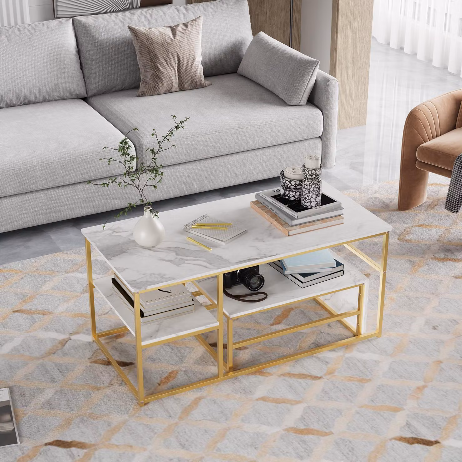Due tavolini moderni - Struttura in metallo effetto marmo - Per soggiorno e balcone - Oro