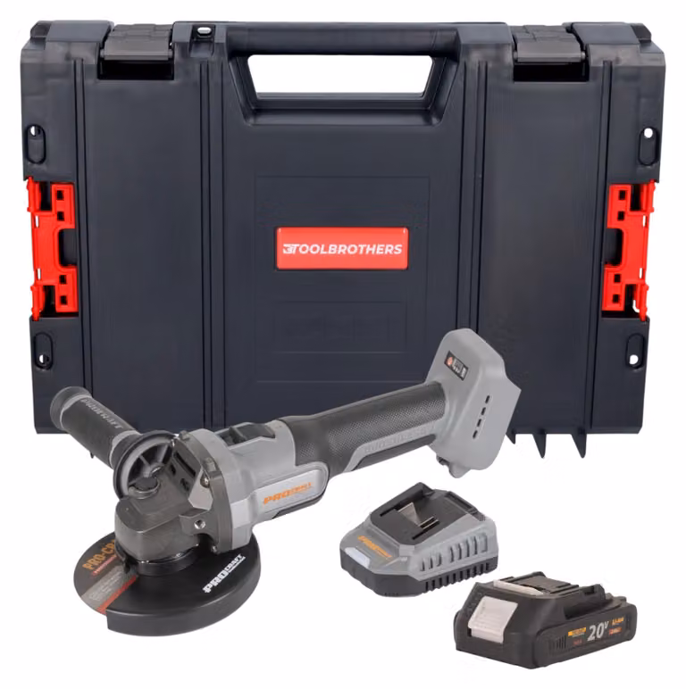 Procraft Industrial AG125Abb Smerigliatrice angolare a batteria 20 V 125 mm Brushless + 1x batteria 2,0 Ah + caricabatteria + valigetta porta attrezzi RHINO