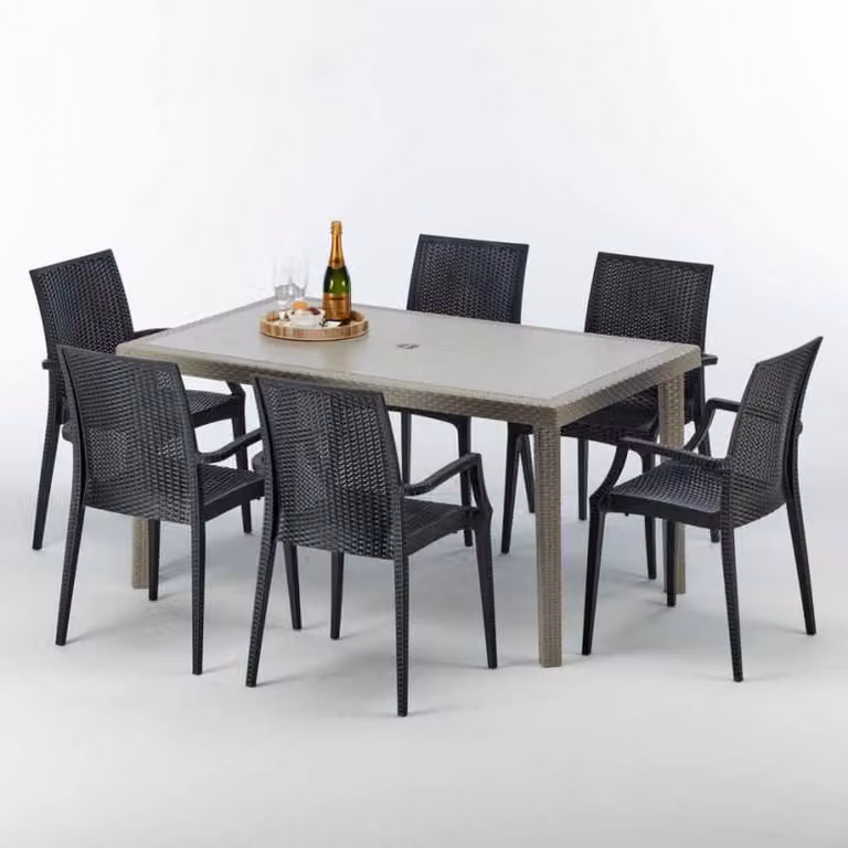 Tavolo rettangolare in polyrattan con 6 sedie colorate 150x90 Beige Marion
