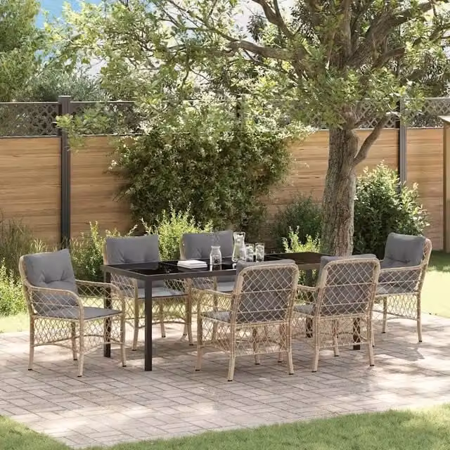 Set da pranzo da giardino moderno vidaXL in polyrattan e vetro beige, 7 pezzi – 1
