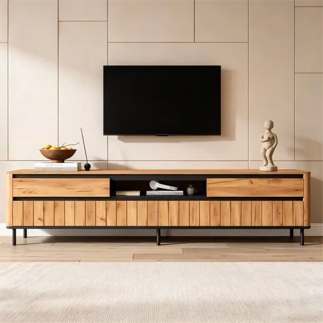 Mobile TV Mivray moderno in MDF naturale e nero con 2 cassetti, 2 ante a ribalta e vano con passacavi, L/P/H: 180 x 40 x 52 cm