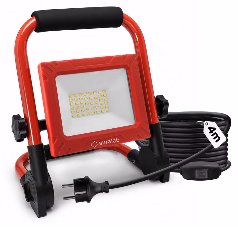 Lampada da lavoro a LED da 50W con spina, 5000 lumen, pieghevole, con cavo da 4 metri e interruttore, lampada da cantiere impermeabile IP65