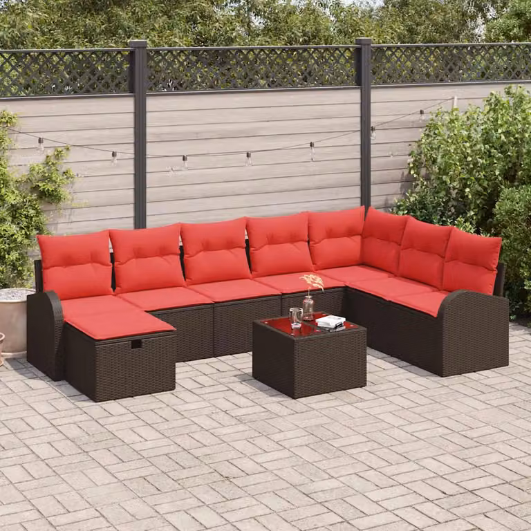 Set Divano da Giardino vidaXL 9 pz a forma di U in Polyrattan Marrone con Cuscini e Tavolino da Caffè