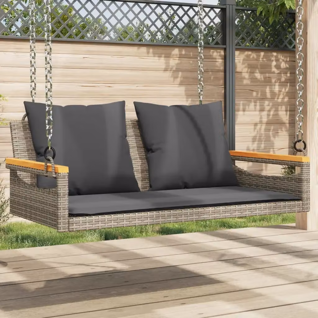 Panchina dondolo da giardino in polyrattan con cuscini grigi L: 109 cm, P: 62 cm, H: 40 cm – 2