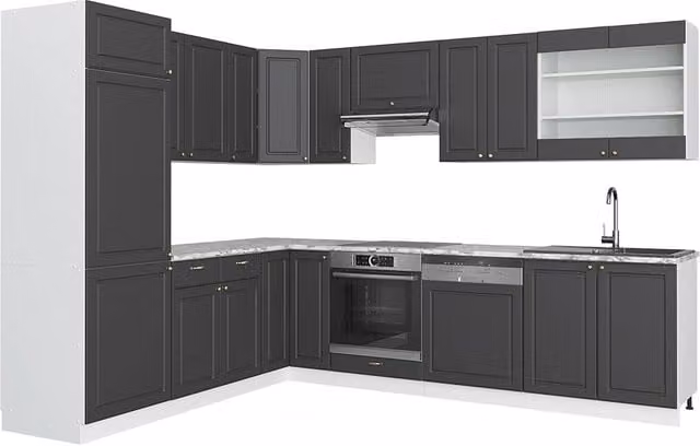 Cucina angolare moderna Vicco Fame-Line Antracite, Oro e Bianco senza piano di lavoro L: 287 cm, P: 227 cm
