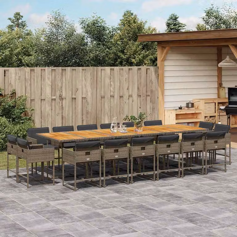 Set da pranzo da giardino vidaXL in polyrattan e legno di acacia con cuscini, 17 pezzi, grigio e marrone