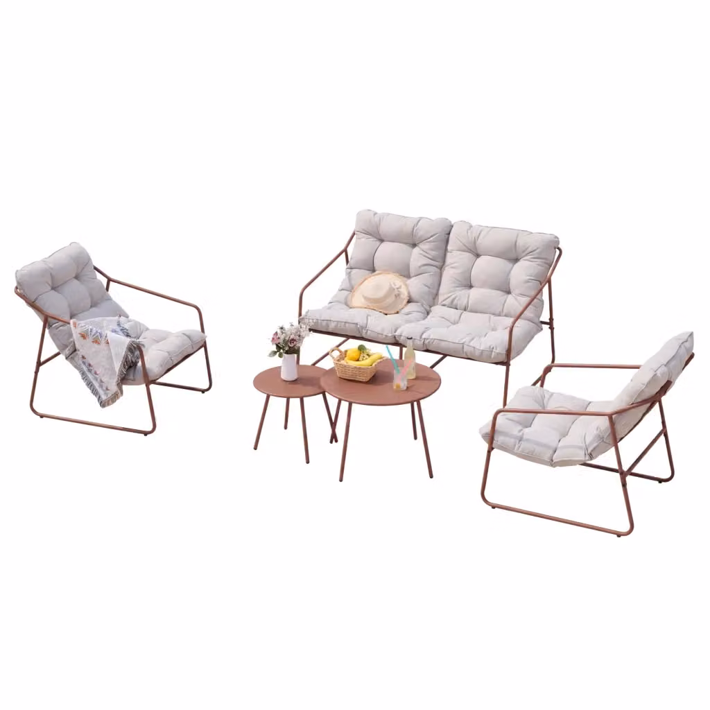 Set di 5 Mobili da Giardino Kivanta en.casa con 2 Tavolini Rotondi, 2 Poltrone e Divano, Colore Arancione e Beige con Cuscini in Tessuto Olefin e Struttura in Acciaio Verniciato a Polvere – 2