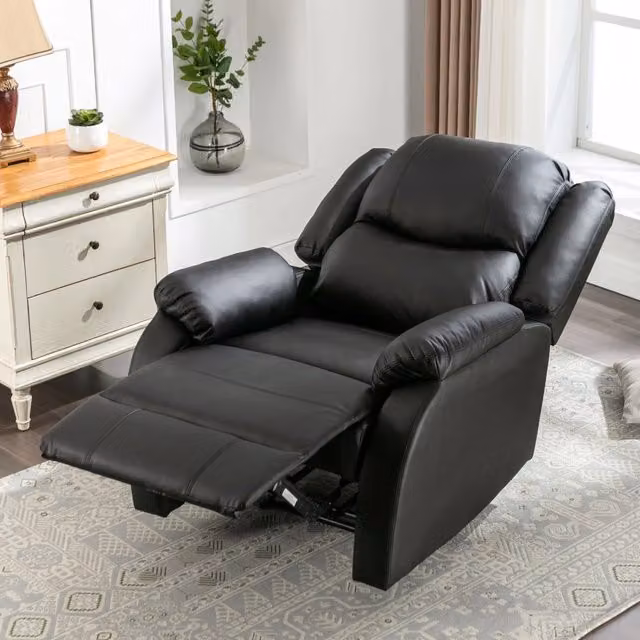Desviae Poltrona reclinabile manuale in similpelle nera con poggiapiedi e tasca laterale 100 × 80 × 90 cm