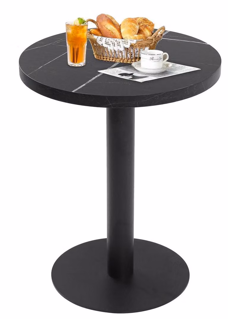Tavolo rotondo da pranzo, diametro 60 cm, finitura effetto marmo nero, struttura in metallo, piano in MDF