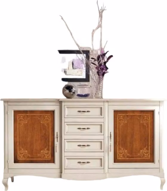 Credenza classica Mobili 2G con 2 porte e 4 cassetti in legno bicolore bianco e marrone L: 200 cm, P: 52 cm, H: 113 cm