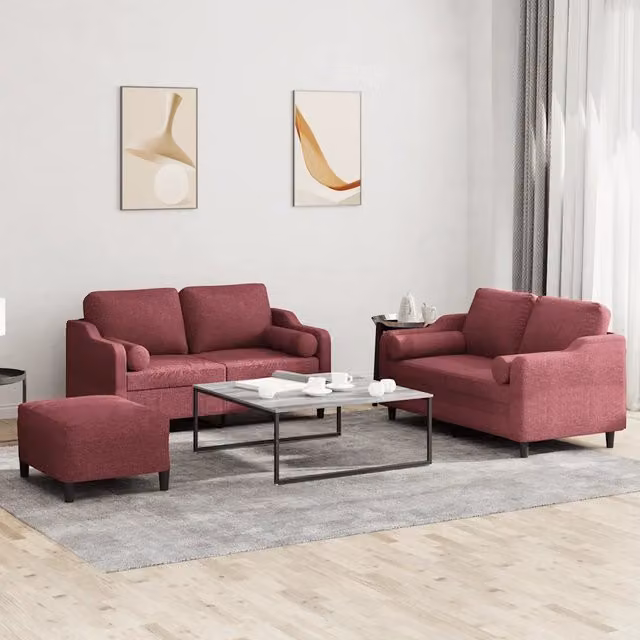 Set di 3 divani vidaXL in tessuto rosso con cuscini per soggiorno in stile moderno – 1