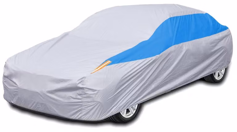 Copertura per auto, impermeabile, resistente ai raggi UV, antipolvere e antigraffio, adatta a auto con portellone posteriore inclinato, dimensioni 415-440 cm, colore argento e blu