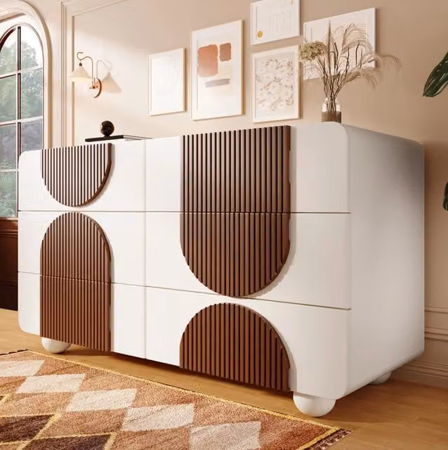 Comò MODFU con 6 cassetti e design curvo in MDF e legno massiccio, Bianco, L: 121 cm, P: 41 cm, H: 71 cm
