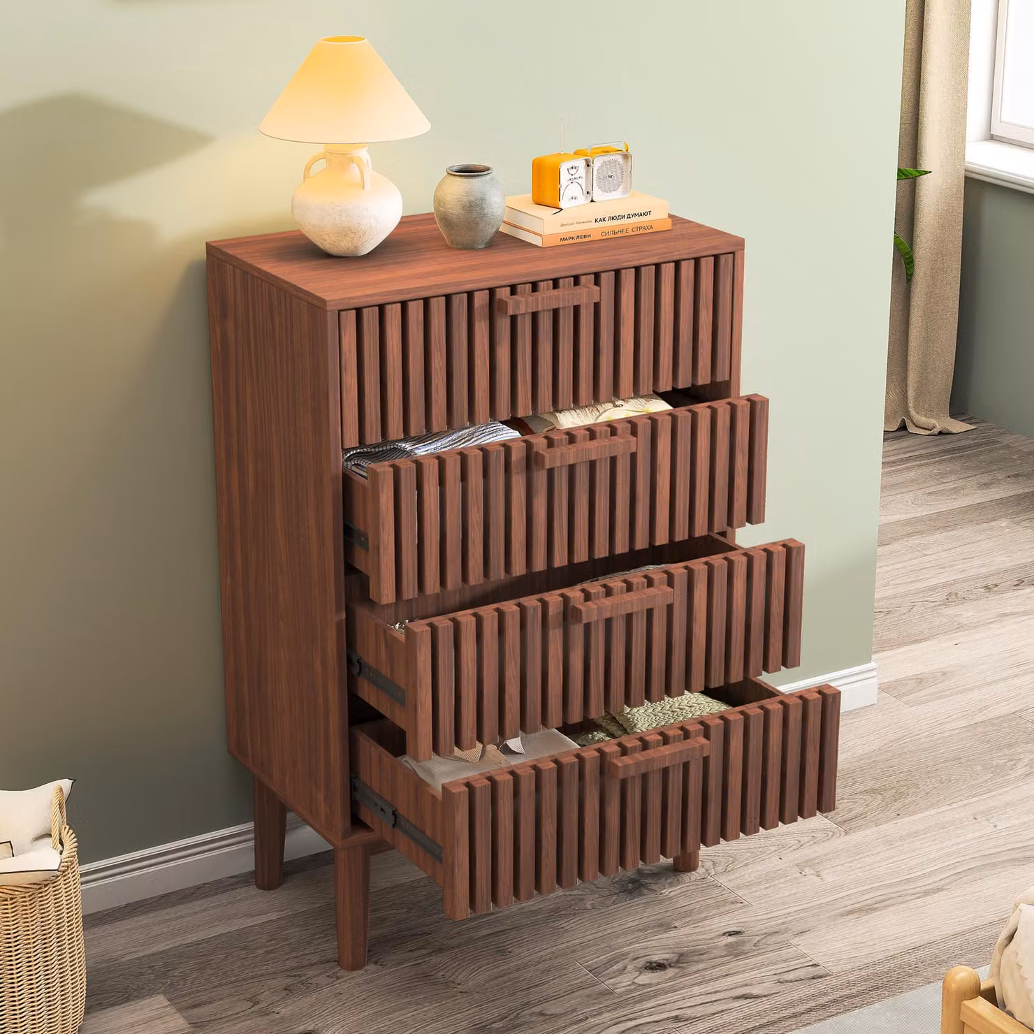 UnboxG cassettiera in legno massiccio 60x34x91 cm, marrone, 4 cassetti, pratico mobile contenitore