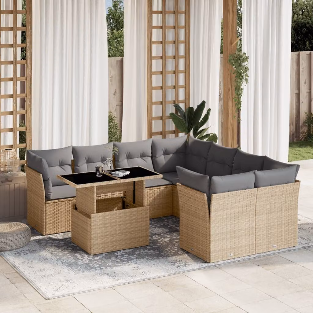 vidaXL Set Divano da Giardino a L 9 pz con Cuscini Beige e Tavolino in Polyrattan e Acciaio – 1