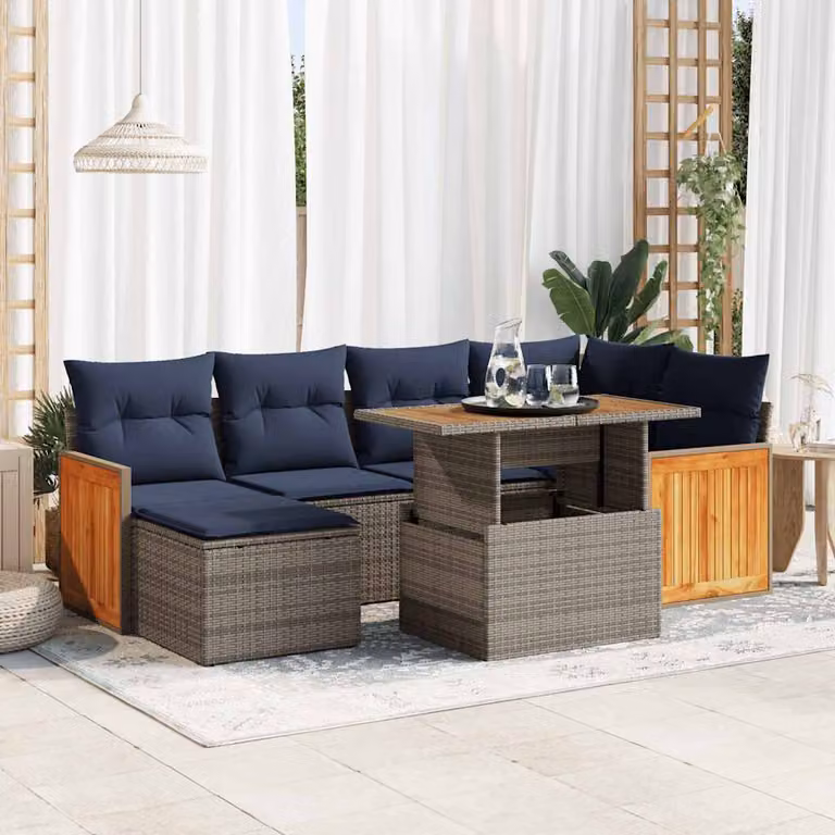 Set Divano da Giardino a L vidaXL in Polyrattan e Legno di Acacia con 7 Cuscini e Tavolino da Esterno