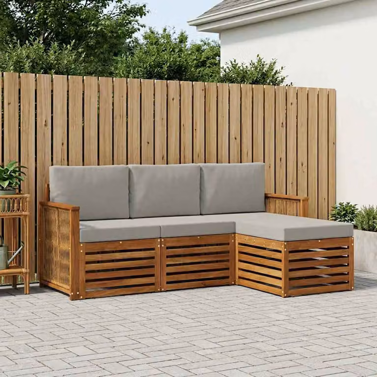 Set di divani da esterno vidaXL a forma di L in legno di acacia con pouf e cuscini, Beige e Grigio