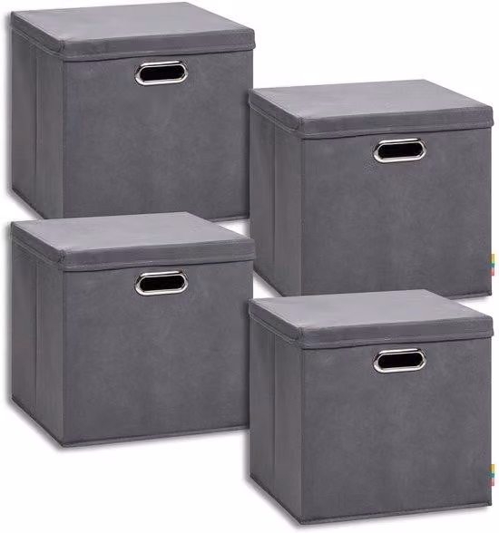Ibenzoa® Set di 4 contenitori portaoggetti, dimensioni 34 x 34 x 33 cm, con coperchio e maniglie larghe, pieghevoli, realizzati in cartone resistente e tessuto non tessuto, ideali per la casa e adatti a scaffali cubici standard