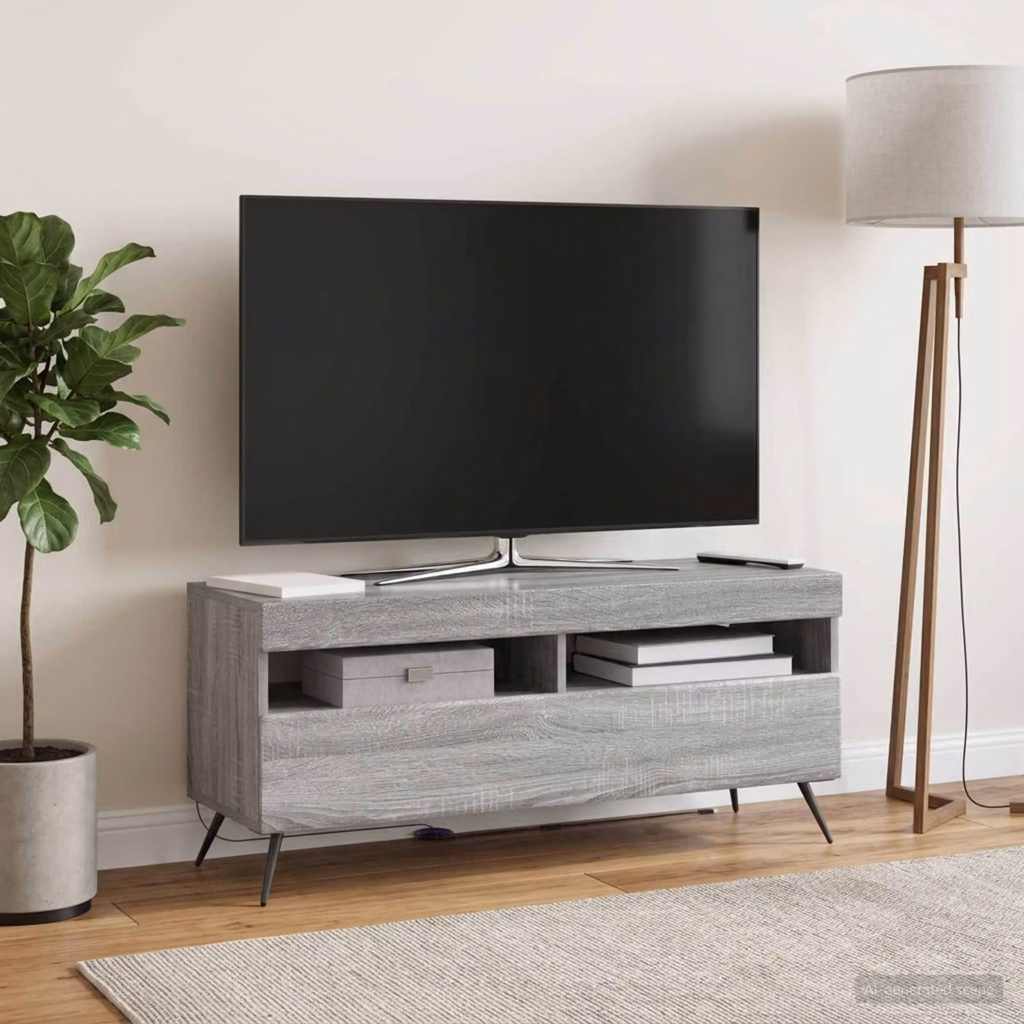 Mobile TV LED vidaXL in legno ingegnerizzato color grigio Sonoma con illuminazione integrata e scomparti multimediali