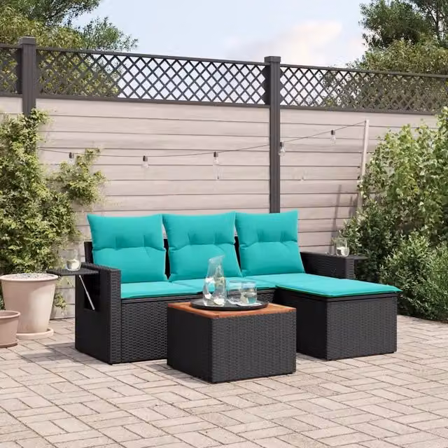 Salotto da Giardino-Set Divani da Giardino 5 pz con Cuscini Nero in Polyrattan 302117