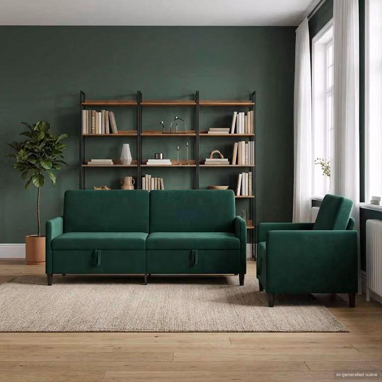 Set di 2 divani moderni vidaXL con contenitore, rivestimento in tessuto verde e nero per soggiorno