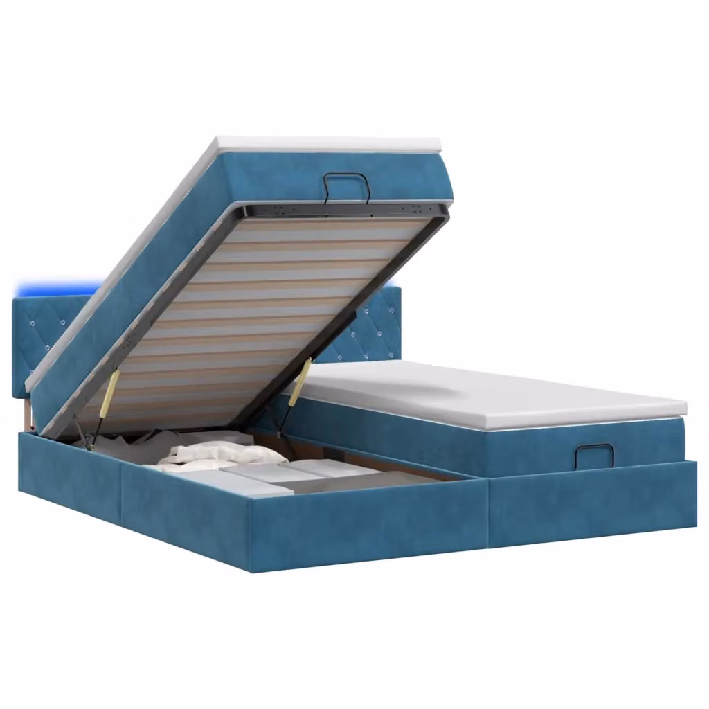 Letto Ottomano Moderno vidaXL in Velluto Blu con Materasso Ibrido, Illuminazione LED Sotto il Letto e Porte USB, L/P/H: 200 x 180 x 88 cm – 2