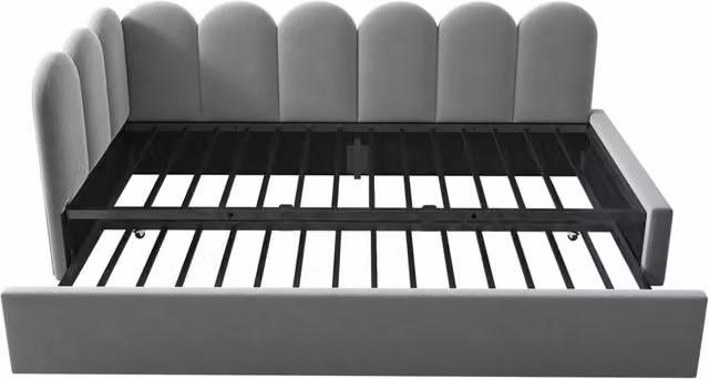Daybed imbottito 90x200 cm con letto estraibile 90x190 cm, struttura in velluto grigio senza materasso