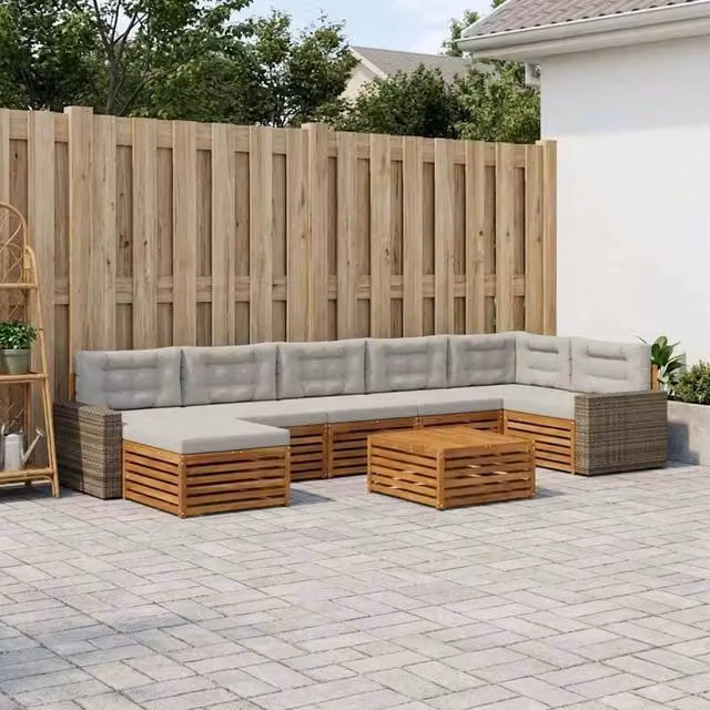 Set di divani da esterno vidaXL a forma di L composto da 8 pezzi in legno di acacia con cuscini, colore marrone e grigio chiaro – 1