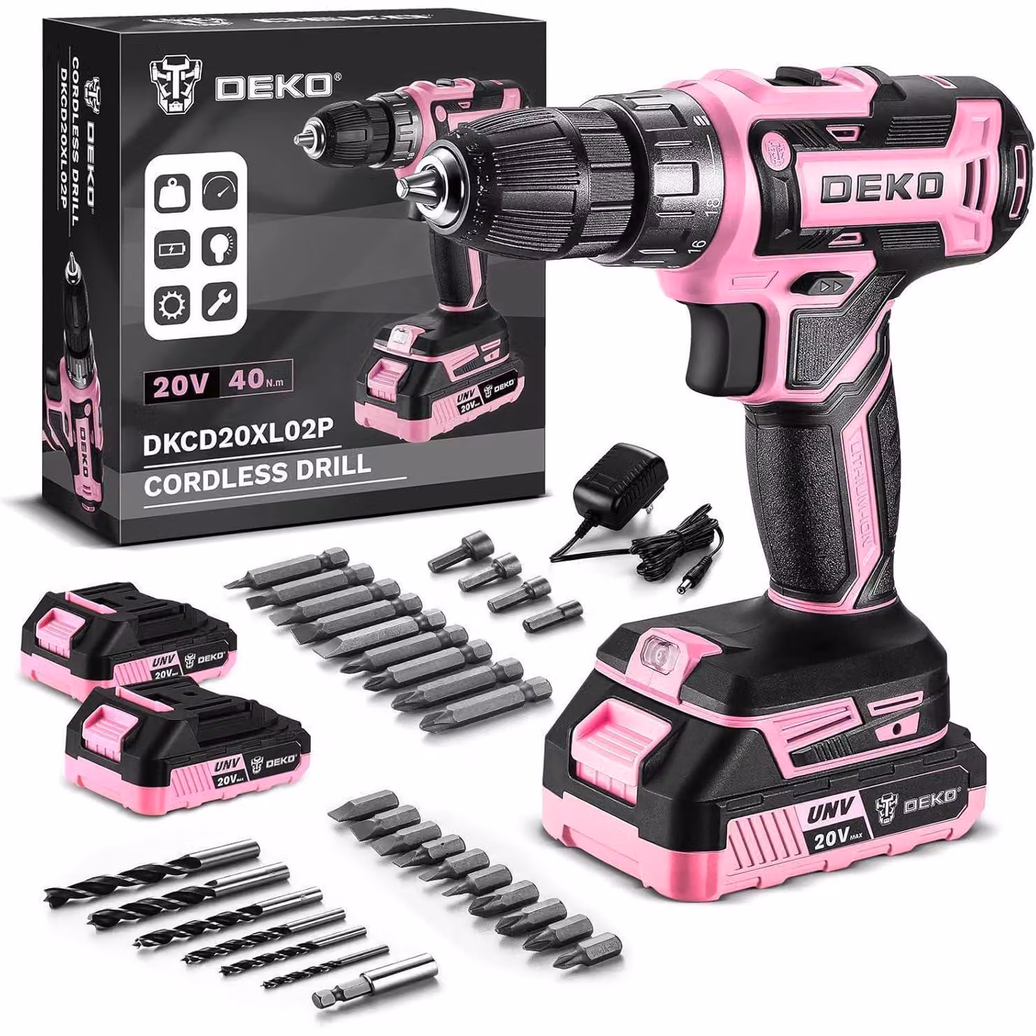 Set di avvitatori a batteria da 20V, 40Nm, con 2 batterie e 30 accessori, colore rosa